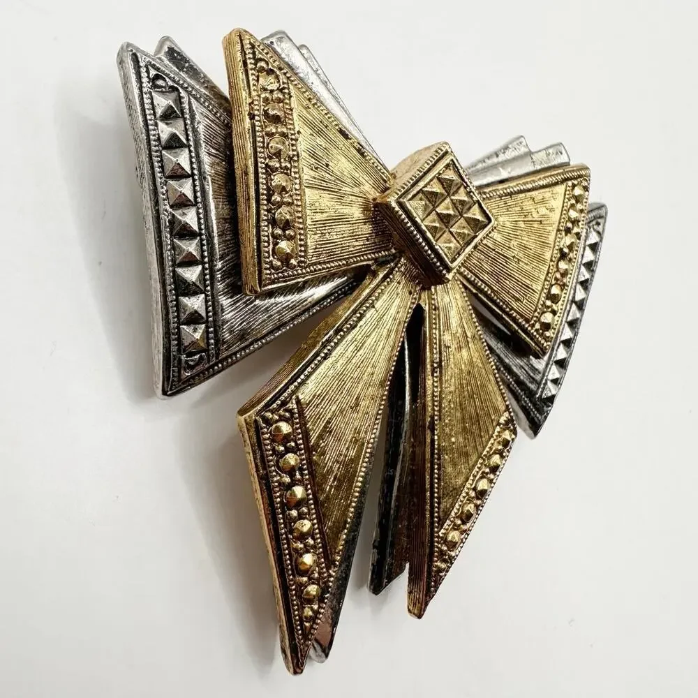 Avon Vintage Bow Pin 1995 Stylepoints Silver Goldtone Art Deco Holiday Brooch